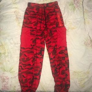 red camo print cargo pants